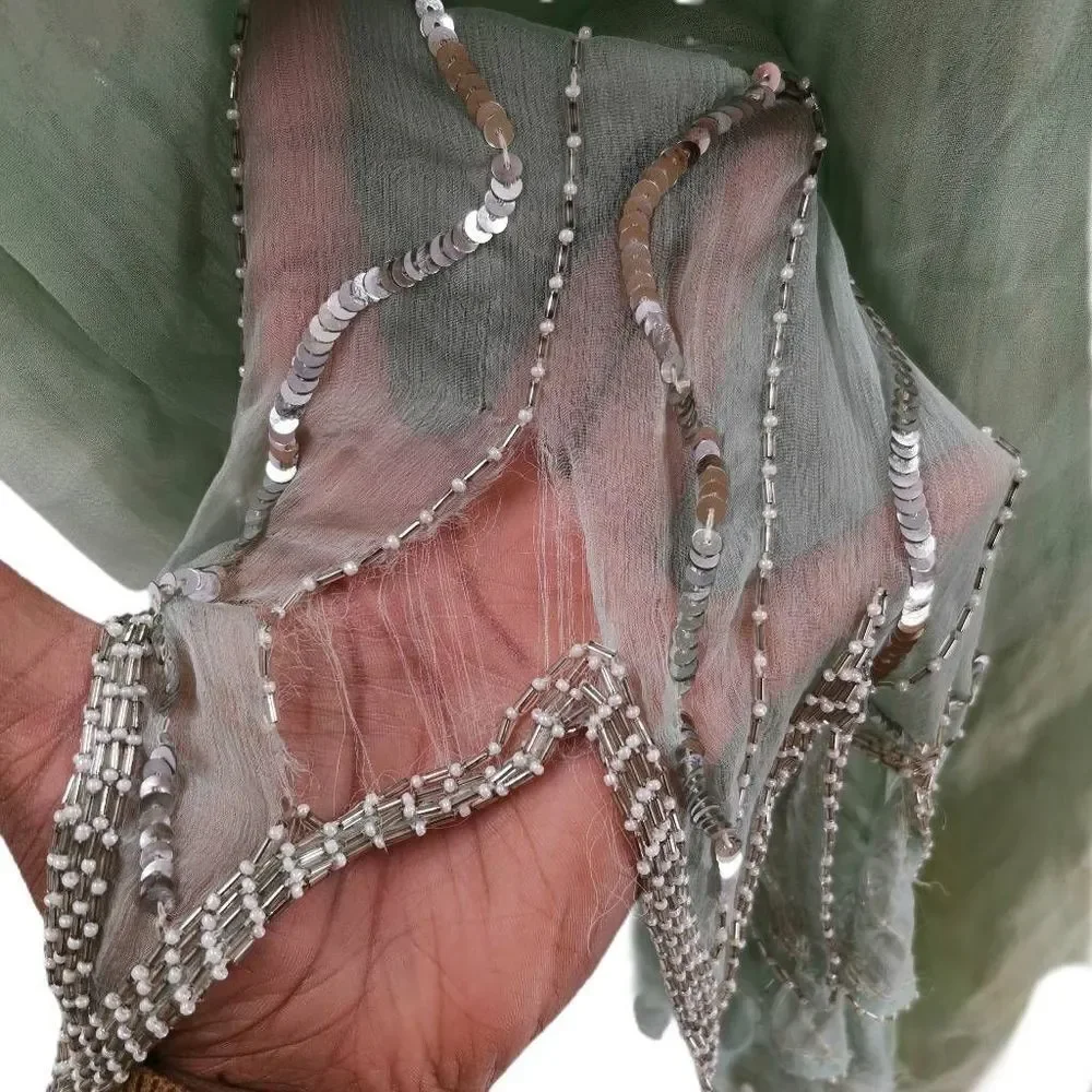 Vintage Mint Green & Silver Sequin Dress with Beaded Pearl Fringes | Large - Picture 8 of 9